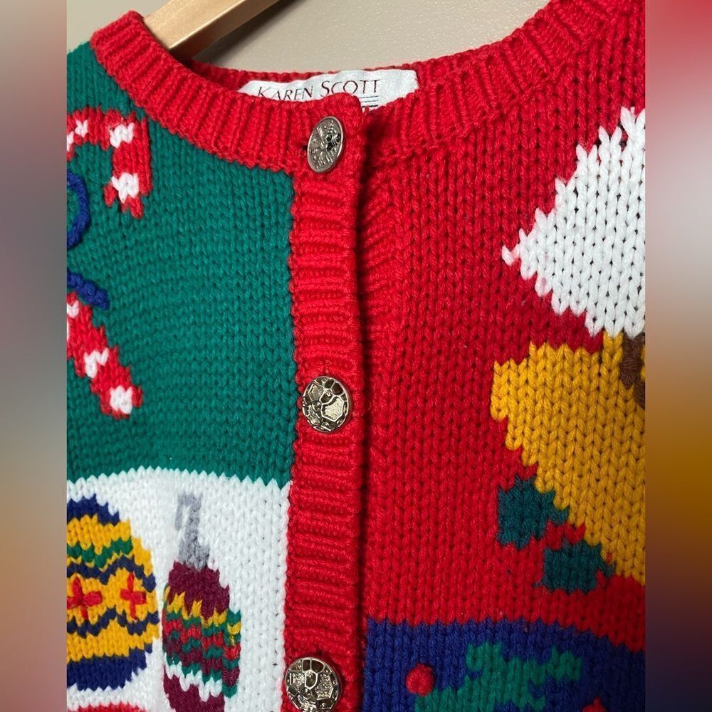 KAREN SCOTT vintage 90s knit Christmas cardigan holiday sweater cute granny L - Picture 4 of 16